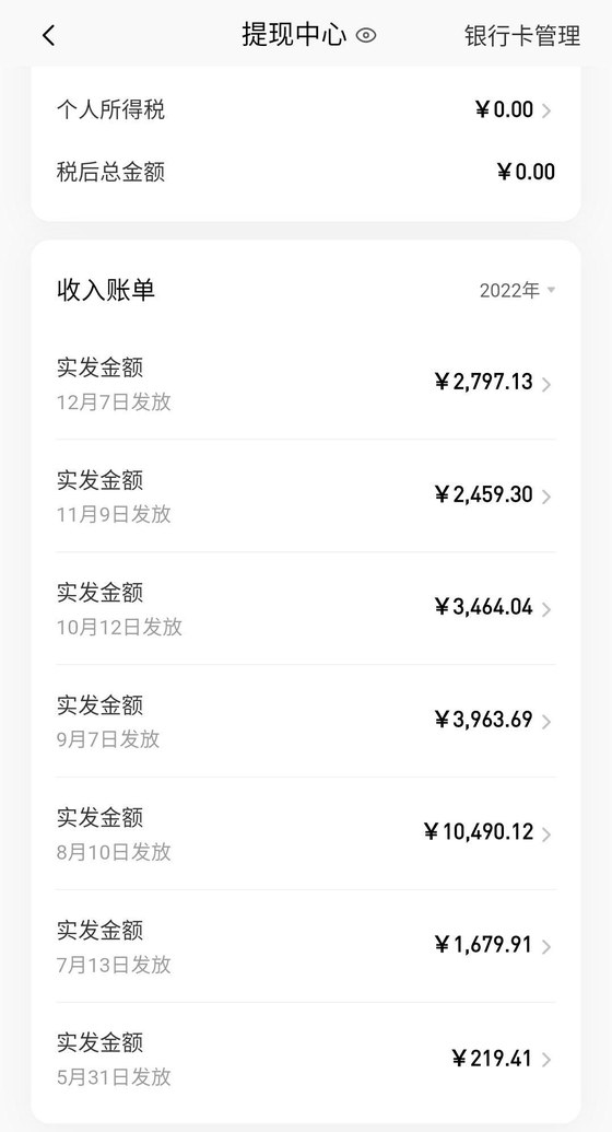 番茄作家助手提现中心收入账单2022年：7笔实发金额，8月10日发放10,490.12元