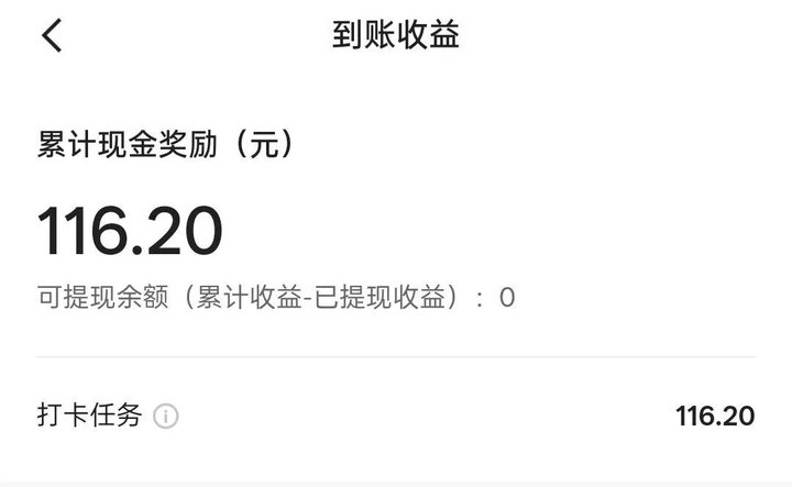 快手到账收益页：累计现金奖励116.20元，可提现余额（累计收益-已提现收益）0，打卡任务116.20