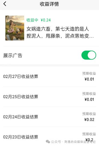 视频号单条视频收益详情:2月23日0.2元,2月24日0.02元,2月25日0.01元,2月27日0.01元