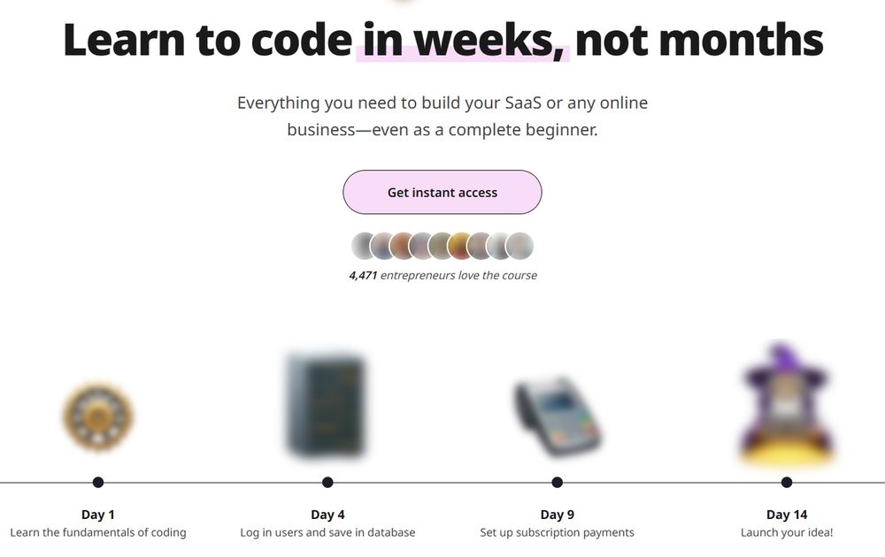 编程网课CodeFast官网首屏:Learn to code in weeks, not months,第1天到第14天时间线