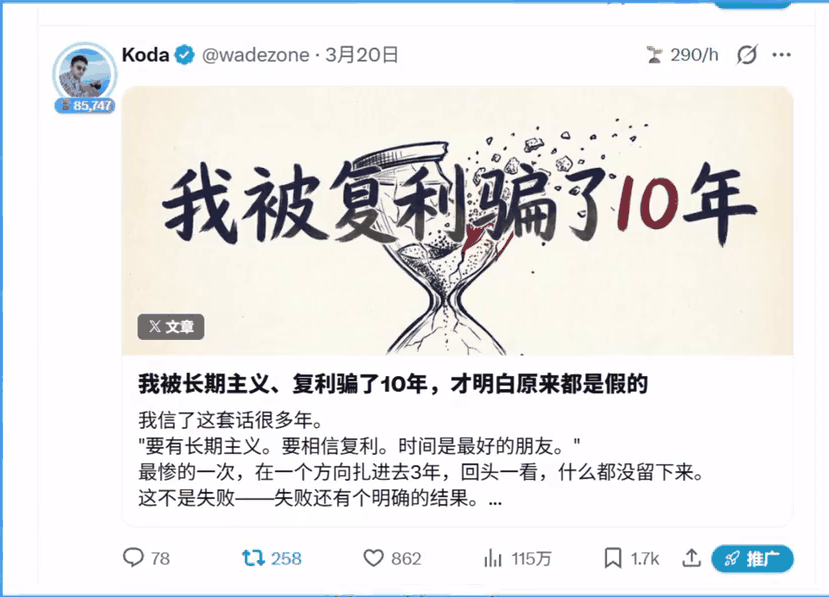 X中文长文我被长期主义复利骗了10年，3月20日发布，浏览115万、转发258、点赞862、书签1.7k
