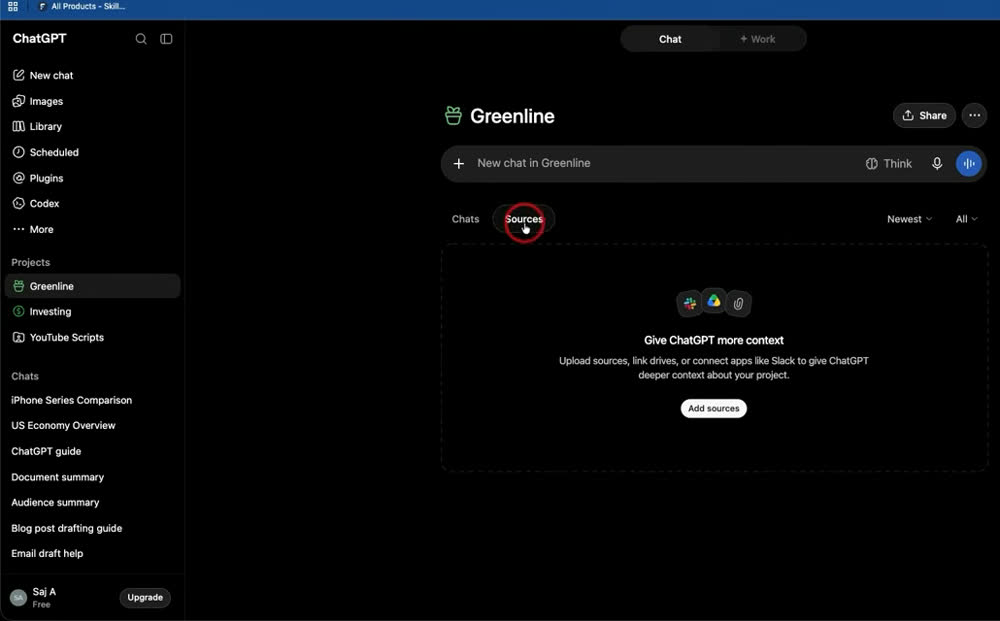项目页的Chats和Sources两个标签,Sources里有Add sources按钮