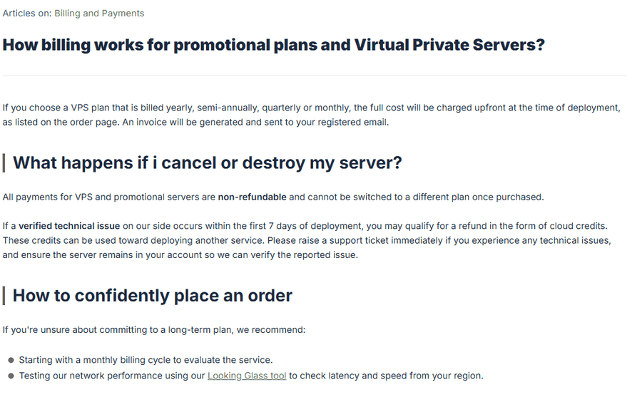 CloudCone帮助中心计费说明：VPS和促销服务器付款不退款，前7天官方核实的技术故障可退成云余额，建议先买月付
