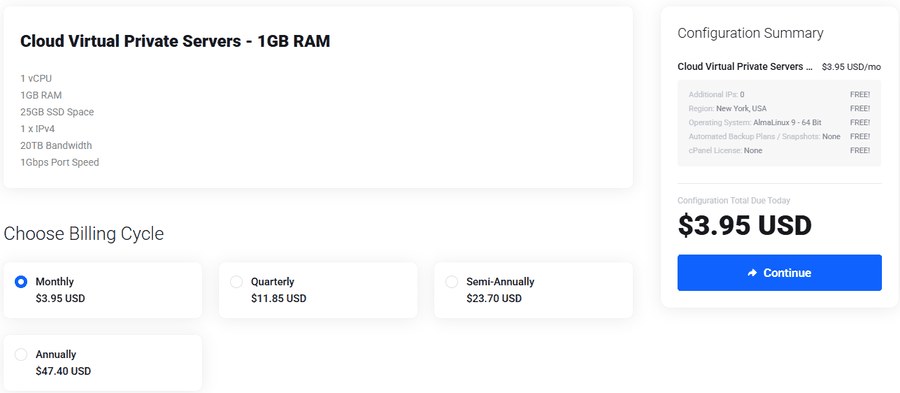 ColoCrossing Cloud VPS 1GB下单页:1核1GB 25GB SSD 20TB流量,月付3.95美元,季付11.85美元,半年23.70美元,年付47.40美元