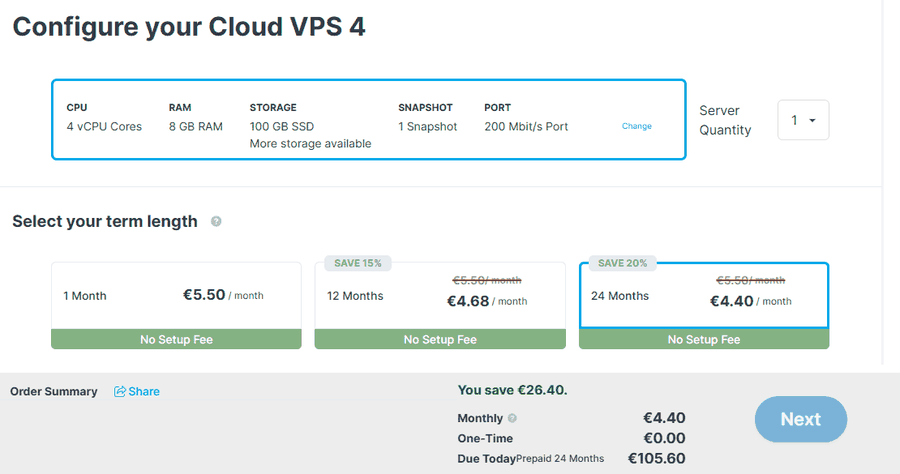 Contabo Cloud VPS 4配置页:4核8GB 100GB SSD 200Mbit/s,1个月5.50欧元,12个月4.68欧元,24个月4.40欧元,结算栏当天要付105.60欧元