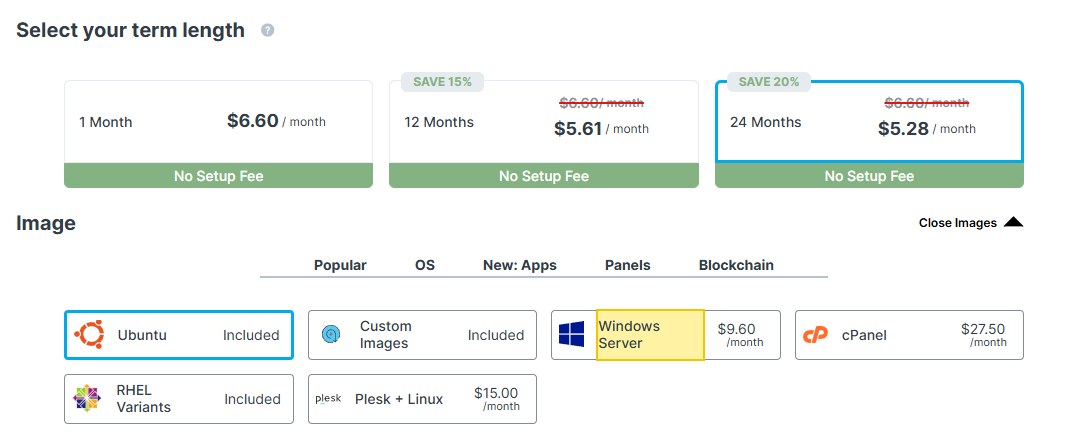 Contabo Cloud VPS 4配置页:月付6.60美元、12个月5.61美元、24个月5.28美元;Image一栏Windows Server另加9.60美元/月,Ubuntu和RHEL不加钱