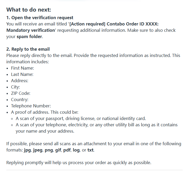 Contabo帮助中心订单人工验证说明:邮件标题Mandatory verification,回复姓名地址电话和地址证明扫描件
