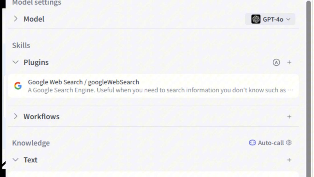 coze.com智能体配置:模型选GPT-4o,Plugins里加了Google Web Search,知识库自动调用