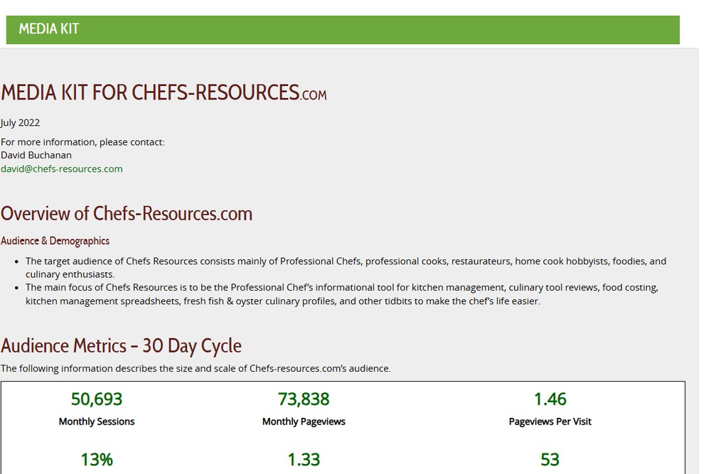 Chefs Resources 2022年7月媒体合作页：每月50693次访问、73838次浏览、每次访问1.46页、回访13%、Ahrefs DA 53
