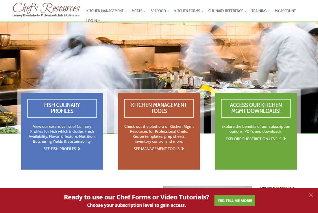 Chefs Resources首页：鱼类风味档案、厨房管理工具、厨房管理下载三个入口，底部写着选订阅档位才能用表格和视频教程