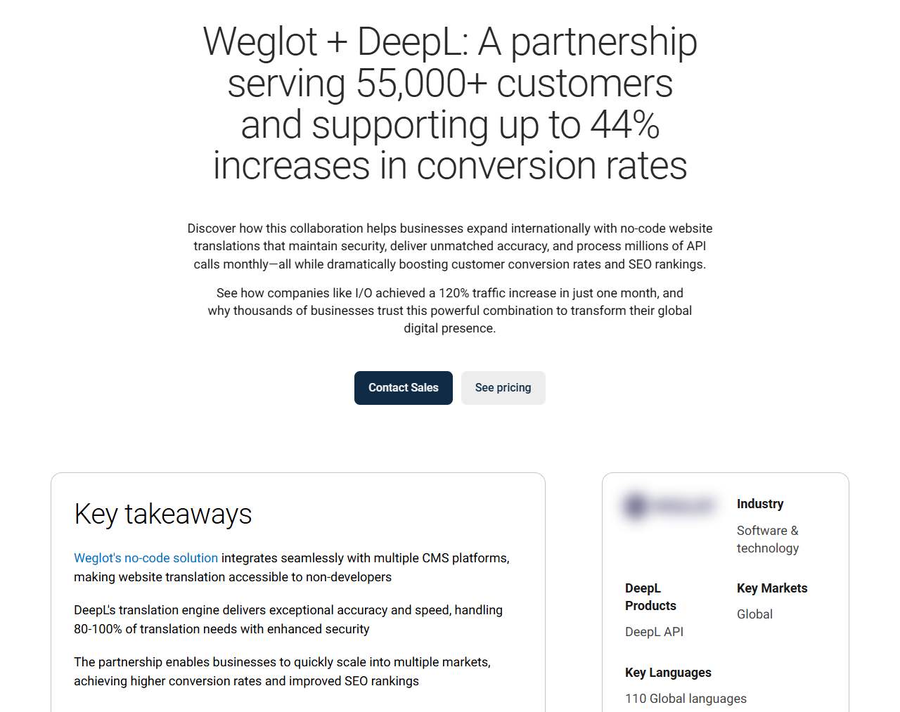 DeepL官网客户案例Weglot页面,55,000多个客户,DeepL完成80%到100%的翻译