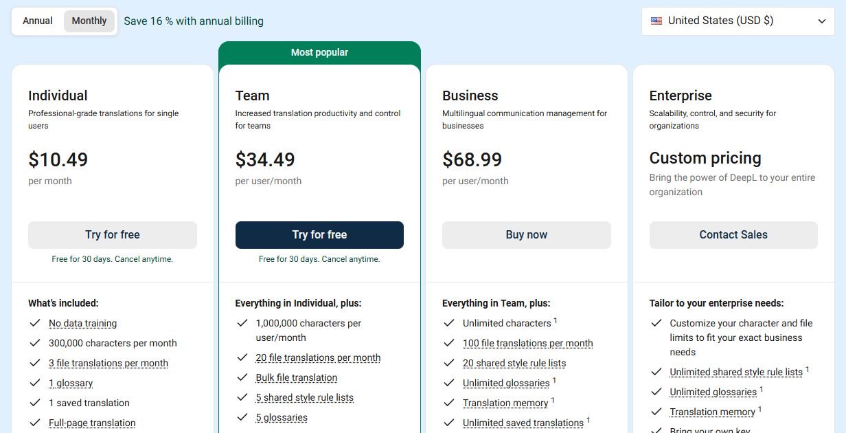 DeepL Pro美国价格页按月付:Individual 10.49美元、Team 34.49美元、Business 68.99美元、Enterprise定制价