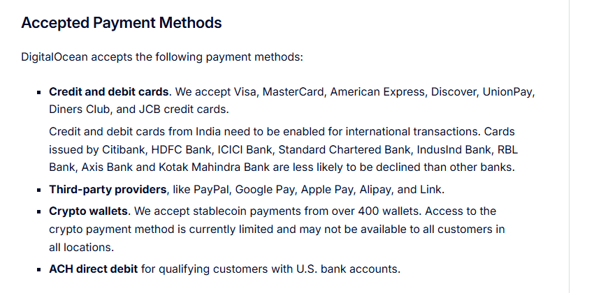DigitalOcean官方付款方式文档:信用卡借记卡收Visa、MasterCard、American Express、Discover、UnionPay银联、Diners Club、JCB,第三方收PayPal、Google Pay、Apple Pay、Alipay支付宝、Link