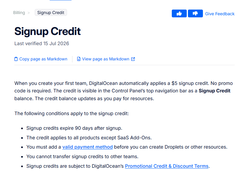 DigitalOcean官方文档Signup Credit页:建第一个团队自动送5美元注册赠金,不需要优惠码,注册后90天过期,要先加有效付款方式才能开机器