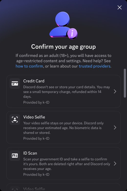 Discord手机端Confirm your age group页，三个方式：信用卡、视频自拍、证件扫描