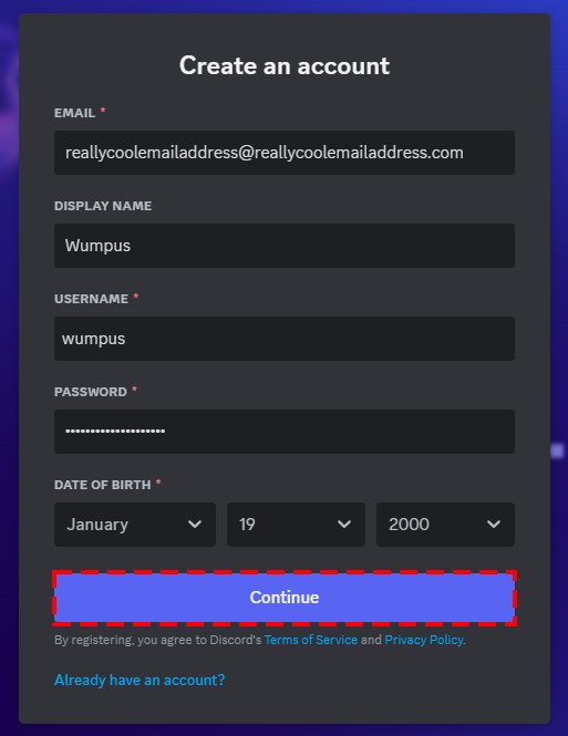 Discord Create an account注册表单：Email、Display Name、Username、Password、Date of Birth和Continue按钮