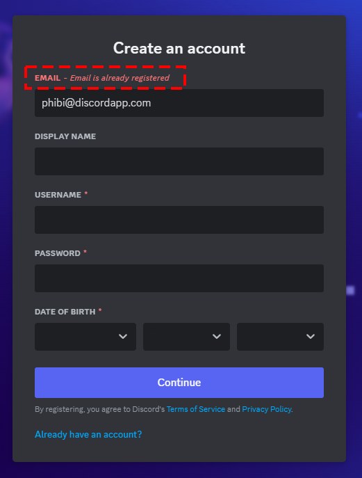 Discord注册页报错Email is already registered，红框标出报错提示