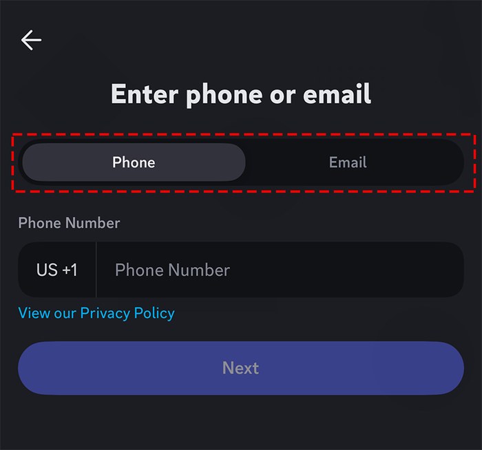 Discord手机端Enter phone or email页，Phone和Email两个页签，红框标出页签