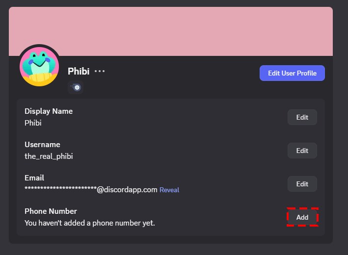 Discord电脑端My Account页，Phone Number一行右边有Add按钮，红框标出