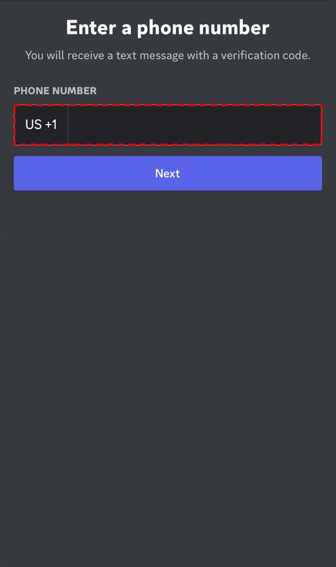 Discord手机端Enter a phone number页，提示会收到带验证码的短信，红框标出号码输入框
