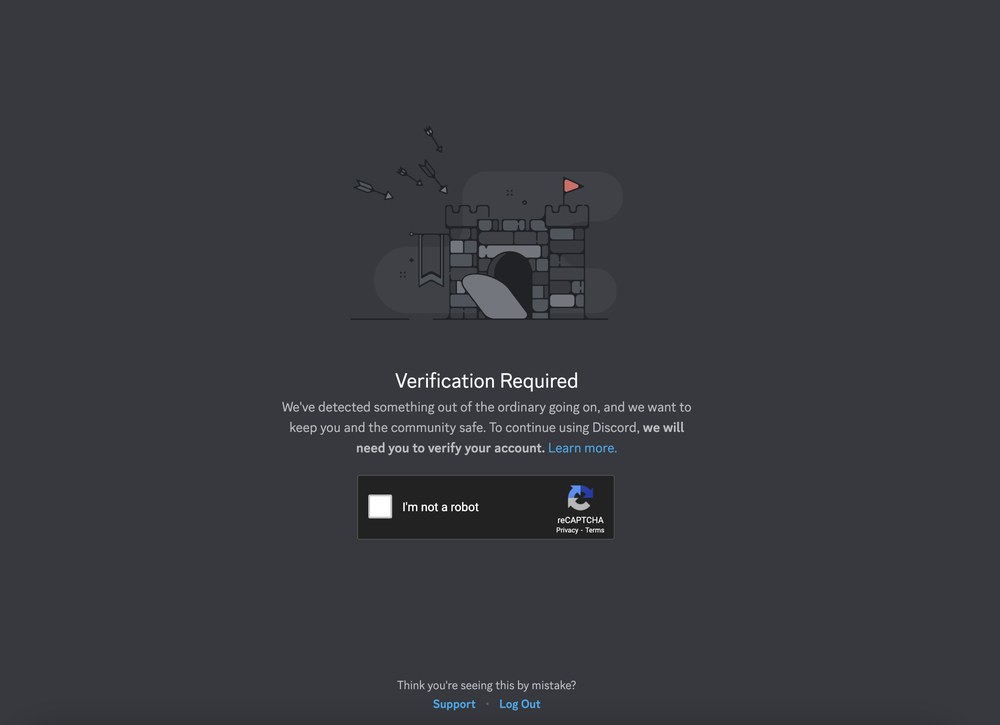Discord电脑端Verification Required整页，下面有一个人机验证复选框和Support、Log Out入口