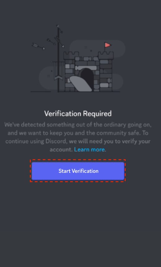 Discord手机端Verification Required提示，红框标出Start Verification按钮