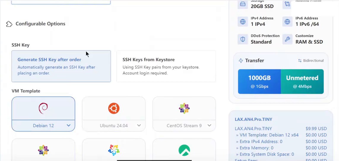 DMIT下单页的SSH Key选项:Generate SSH Key after order和SSH Keys from Keystore,右下是LAX.AN4.Pro.TINY 9.99美元