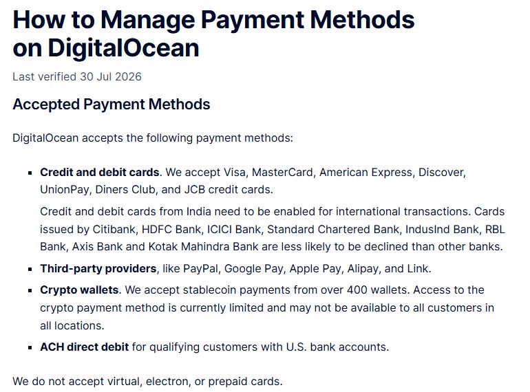 DigitalOcean付款方式文档:信用卡借记卡,第三方付款列了PayPal、Google Pay、Apple Pay、Alipay和Link,不收虚拟卡和预付卡
