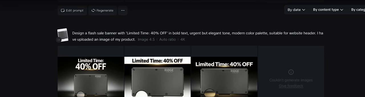 Dreamina里一条提示词按上传的钱包产品图出Limited Time: 40% OFF折扣横幅,一次出了几版