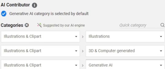 Dreamstime提交表单中的AI Contributor勾选及Generative AI分类