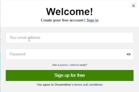 Dreamstime实际注册弹窗的邮箱、密码和免费注册按钮