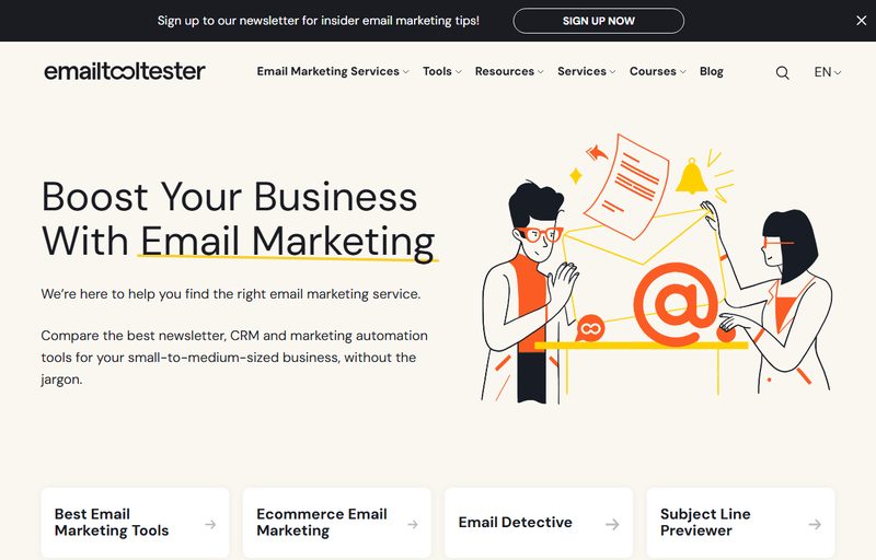 EmailTooltester首页,比较邮件营销、CRM和营销自动化工具