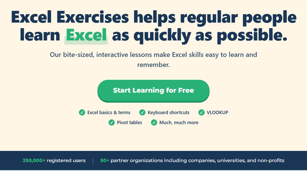 Excel Exercises官网首页:250,000+注册用户、50+合作机构