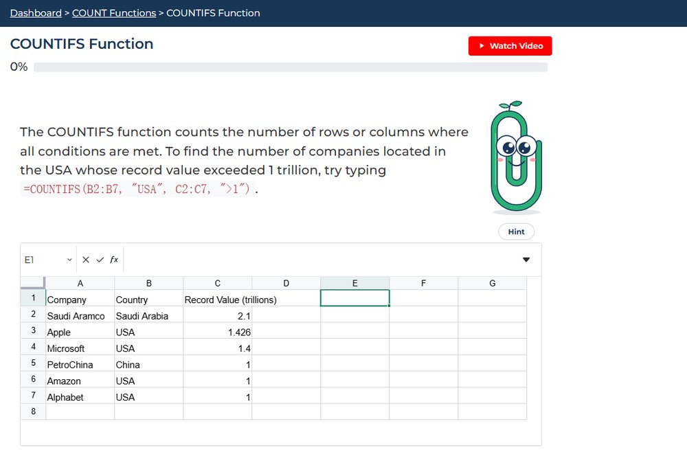 Excel练习题网站Excel Exercises的COUNTIFS练习页:浏览器里的模拟Excel表