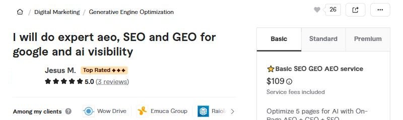 Fiverr服务页官方截图：Digital Marketing下Generative Engine Optimization类目，Basic档109美元，优化5个页面