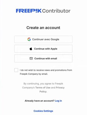 Freepik历史供稿账号注册区的Google、Apple及邮箱入口