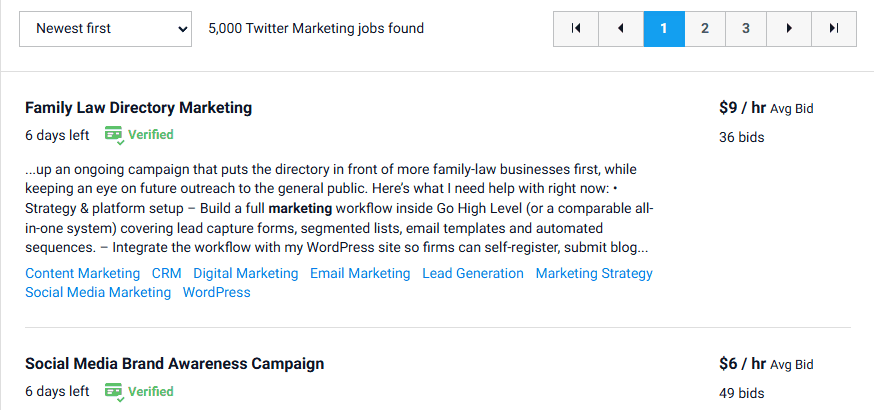 接单平台Twitter Marketing搜索结果，Family Law Directory Marketing平均报价每小时9美金36人投标，Social Media Brand Awareness Campaign每小时6美金49人投标