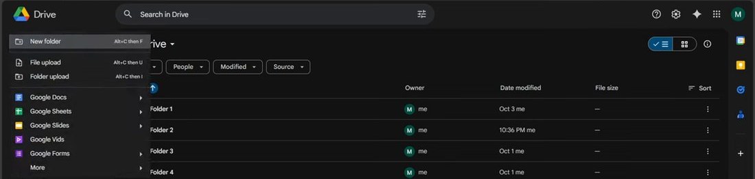 Drive网页版左上角新建菜单，有New folder、File upload、Folder upload、Google Docs、Sheets、Slides、Vids、Forms、More