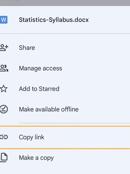 手机App文件菜单，有Share、Manage access、Add to Starred、Make available offline、Copy link、Make a copy