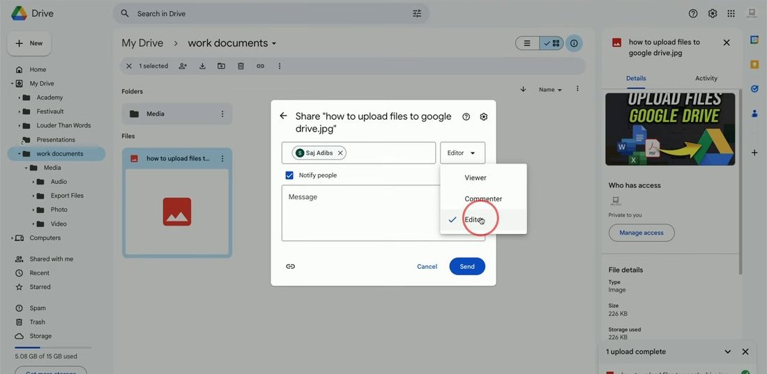 Drive分享框的角色下拉，三项是Viewer、Commenter、Editor，Editor前面打了对勾