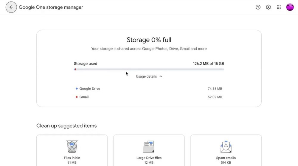 Google One存储管理页，写着空间由Google Photos、Drive、Gmail共用，下面是回收站、Drive大文件、垃圾邮件三类清理建议