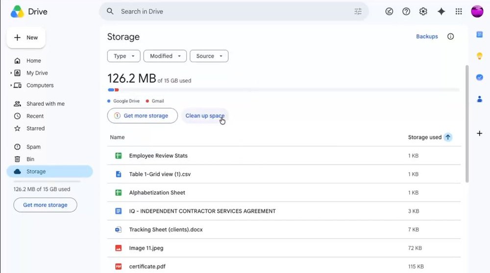Drive网页版Storage页，顶部显示已用126.2 MB（共15 GB），下面有Get more storage和Clean up space两个按钮