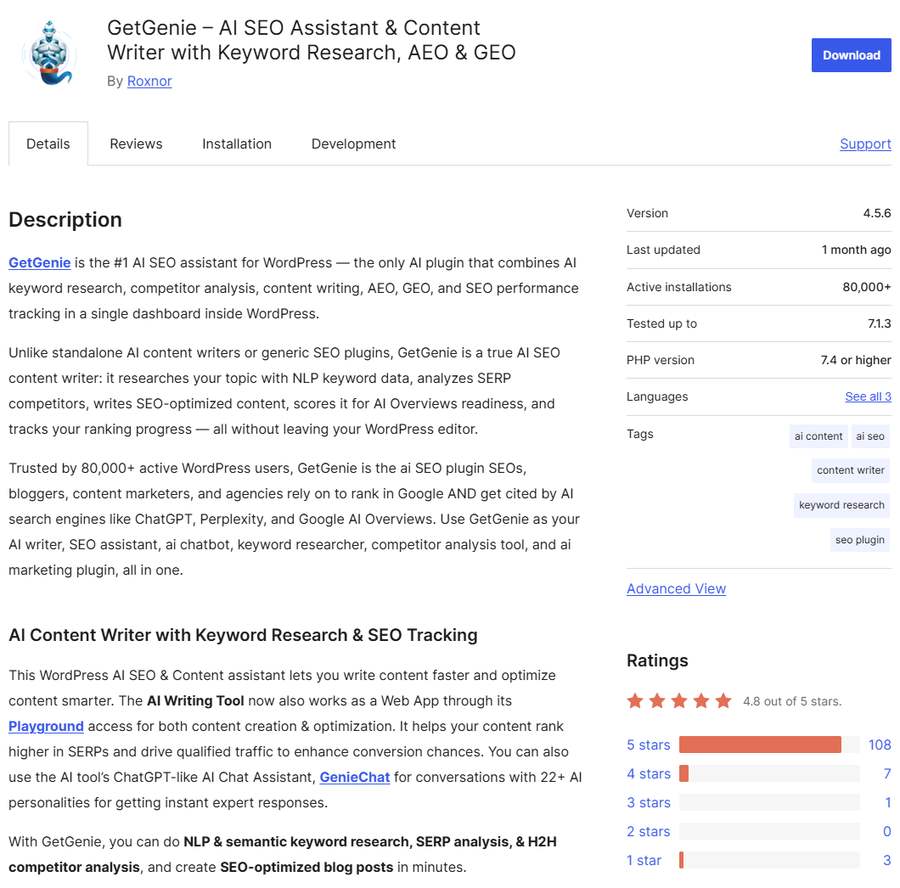 wordpress.org上GetGenie插件页,Roxnor出的AI SEO写作助手,8万多个站在用,119个评分4.8星