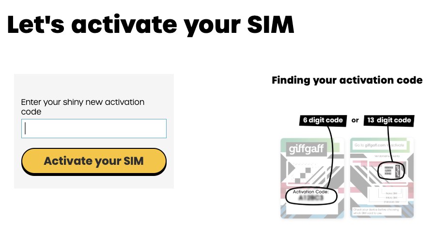 giffgaff.com/activate激活页：左边输入激活码，按钮是Activate your SIM，右边示意6位码和13位码在卡片上的位置