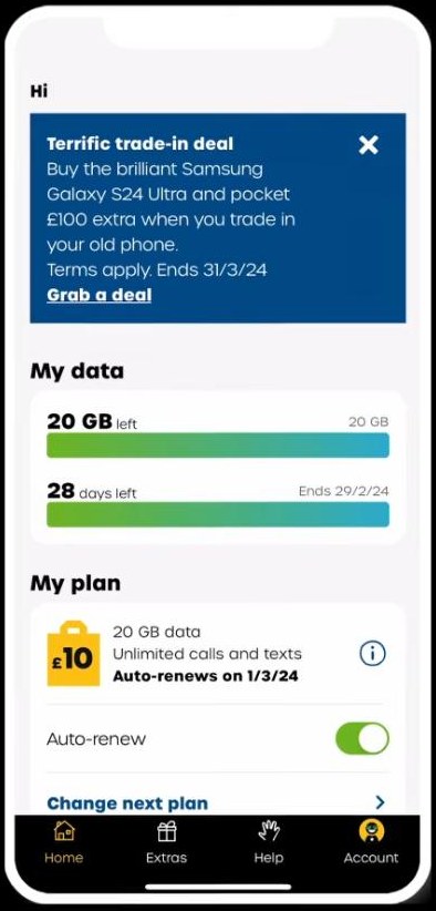 giffgaff应用首页My data和My plan：剩余流量、剩余天数、当前plan和Auto-renew开关