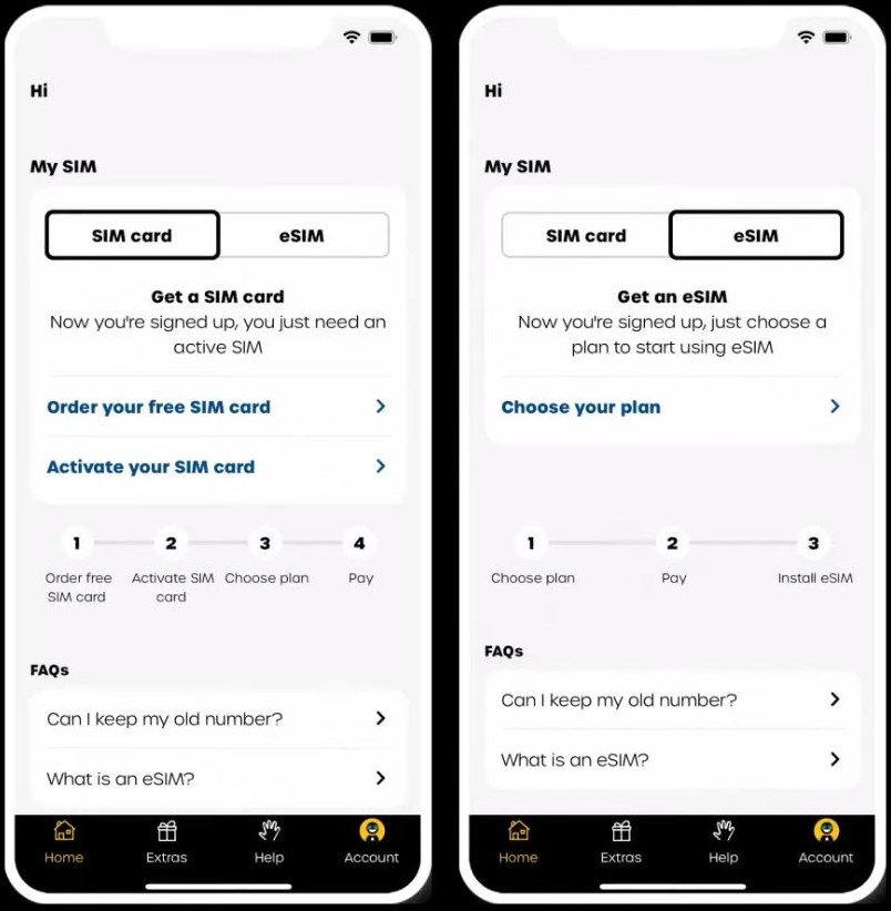 giffgaff手机应用首页My SIM：左边SIM card页签有订卡、激活、选plan、付款四步，右边eSIM页签有选plan、付款、安装eSIM三步