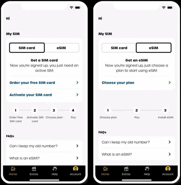 giffgaff手机应用首页My SIM:左边SIM card页签有订卡、激活、选plan、付款四步,右边eSIM页签有选plan、付款、安装eSIM三步