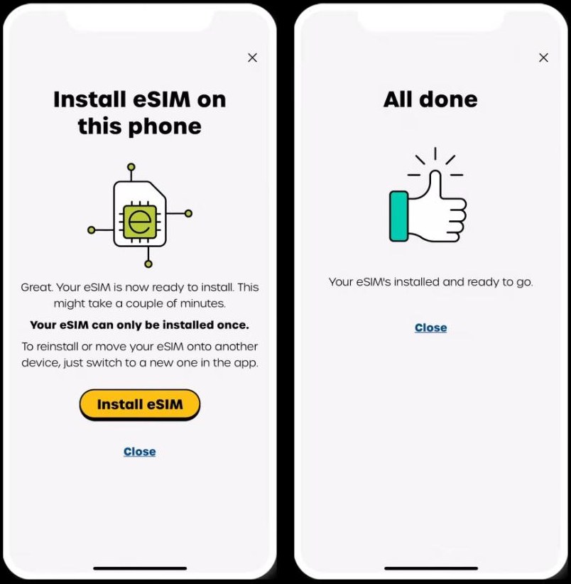giffgaff应用的Install eSIM页提示eSIM只能装一次，右边是装完后的All done页面