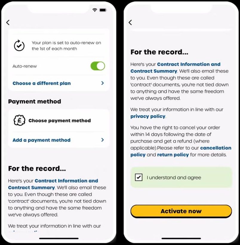 giffgaff应用的付款步骤：自动续费开关和Payment method，右边是For the record说明、14天内可取消订单和Activate now按钮