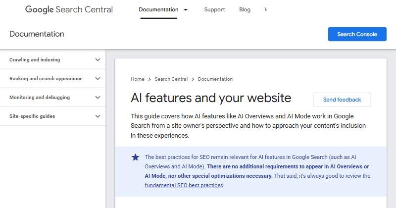 Google搜索中心AI features and your website官方截图：出现在AI概览和AI模式没有额外要求，也不需要其他特殊优化
